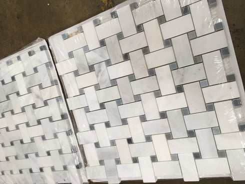 Oriental White Basketweave w/ Blue - Gray Dots Mosaic Tile