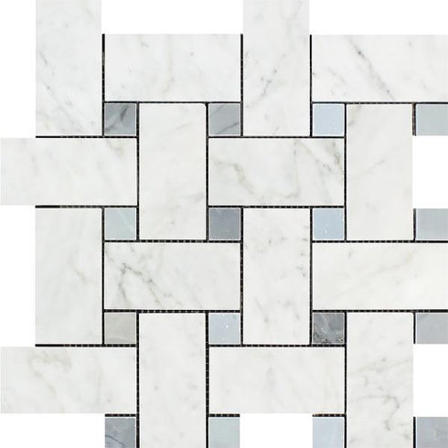 Calacatta Bella Basketweave Mosaic w/ Blue Dots (LARGE) Polished