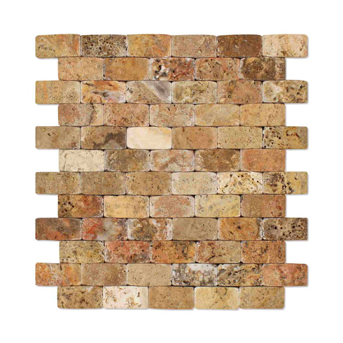 Scabos Travertine Tumbled Round Faced Brick Mosaic Tile 1x2"