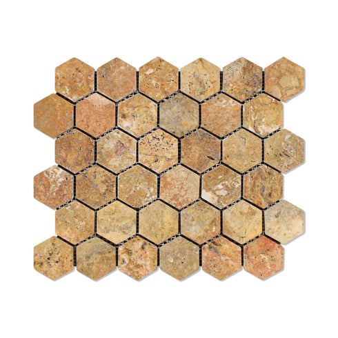 Scabos Travertine Tumbled Hexagon Mosaic Tile 2x2"