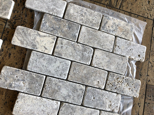 Silver Travertine Tumbled Brick Mosaic Tile 2x4"