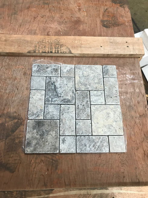 Silver Travertine Tumbled Mini Pattern Mosaic Tile 3 pcs.