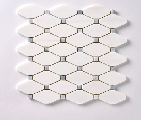 Bianco Dolomite Octave Polished w/Blue - Gray Dots Mosaic Tile
