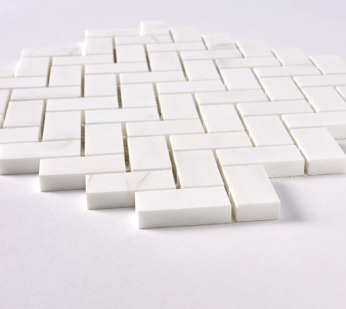 Bianco Dolomite Polished Herringbone Mosaic Tile 1"x2"