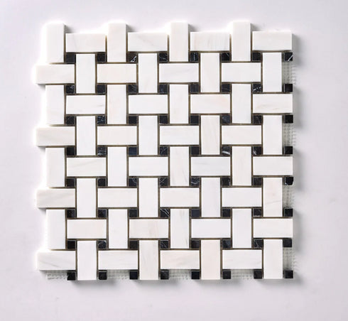 Bianco Dolomite Basketweave w/ Black Dots Polished