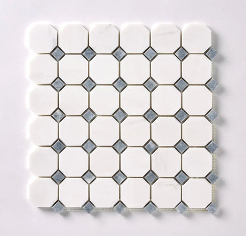 Bianco Dolomite Polished Octagon w/ Blue - Gray Dots Mosaic Tile