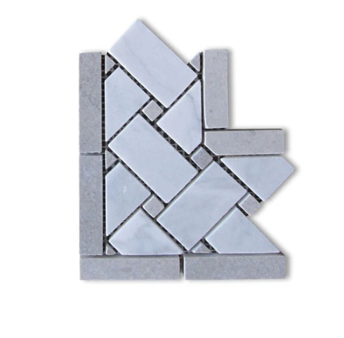 Carrara Italian White Basketweave with Blue & Gray Corner Border