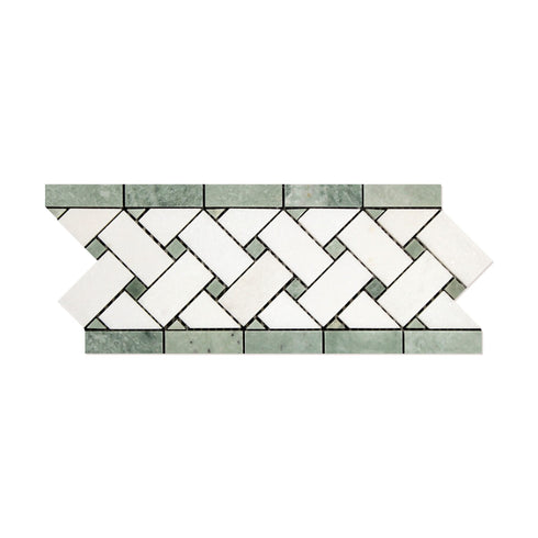 Thassos White Basketweave w/ Ming Green Border 4 3/4" x12"