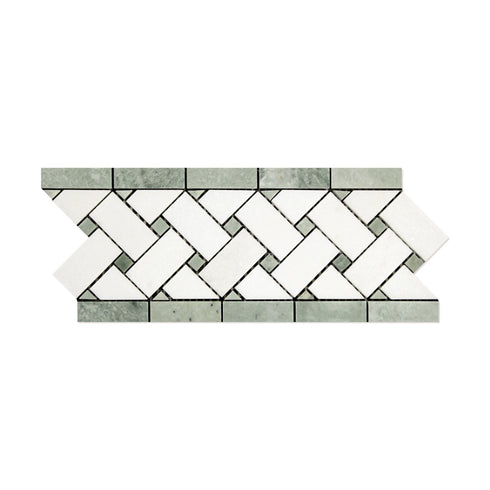 Thassos White Basketweave w/ Ming Green Border 4 3/4" x12"