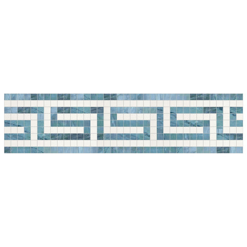 Thassos White Greek Key w/ Blue-Gray Border 3 1/2" x7"