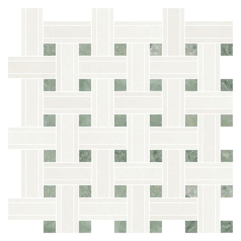 Thassos White Triple - Weave w/ Ming Green Dots Polished