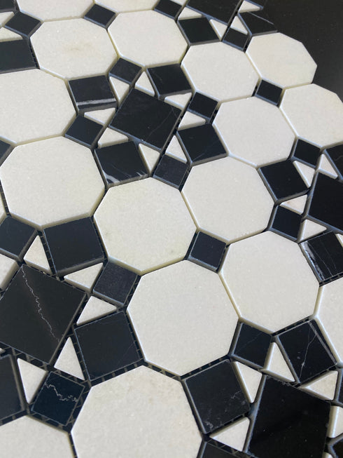 Thassos White Polished Octagon Patio w/ Black Mosaic Tile