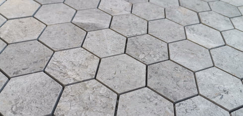 Tundra Gray Marble Hexagon Mosaic Tile 2x2"