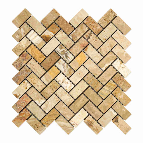 Valencia Travertine Tumbled Herringbone Mosaic Tile 1x2"