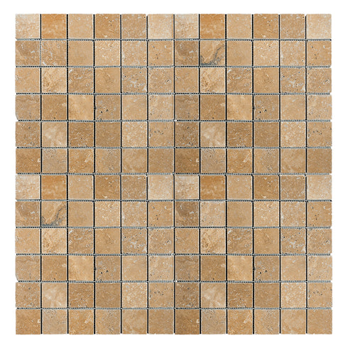 Walnut Travertine Tumbled Square Mosaic Tile 1x1"