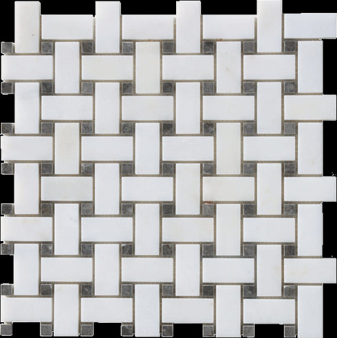 Afyon White Polished Basketweave with Black Dots Mosaic Tile