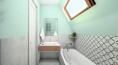 a bathroom with a bathtub, sink, and mirror