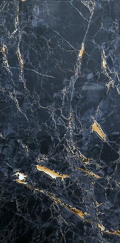 a close up of a black blue and gold marble