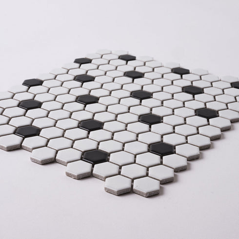Italian White Hexagon w / Black Dots Matte Honed Backsplash Mosaic Tile 1"