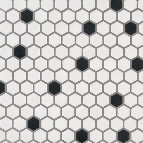 Italian White Hexagon w / Black Dots Matte Honed Backsplash Mosaic Tile 1"