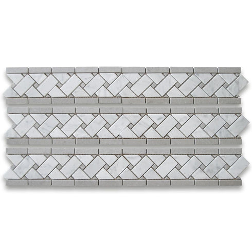 Carrara White 4 3/4" X 12" Basketweave Border Blue Dots Polished