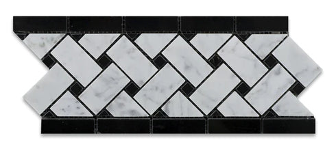 Carrara White 4 3/4" X 12" Basketweave Border Black Dots Polished