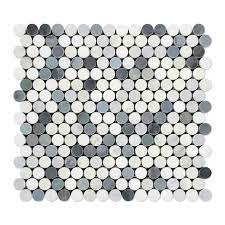 Thassos White Penny-Round Mosaic (Carrara + Blue) Polished