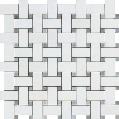 Afyon White - Basketweave Mosaic w/ Blue-Gray Dots Polished